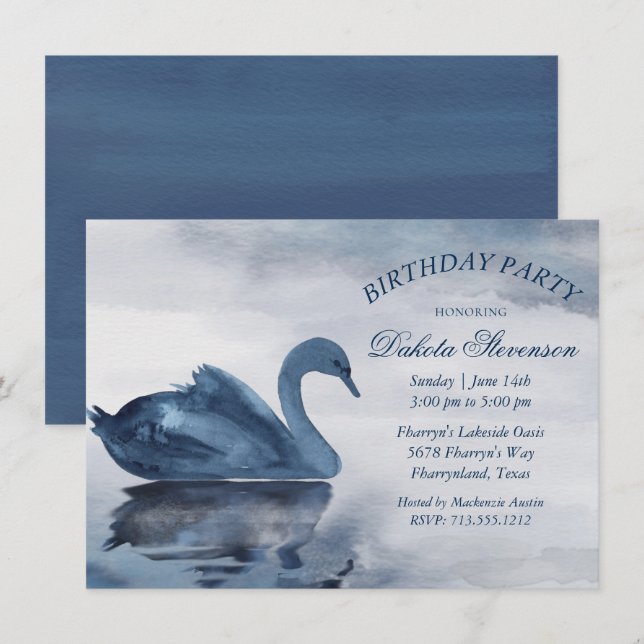 Invitación Reflexiones sobre el lago | Dusty Blue Swan Birthd (Anverso / Reverso)