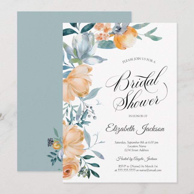 Invitación Regadera de boda de flores naranjas acuarela (Anverso / Reverso)