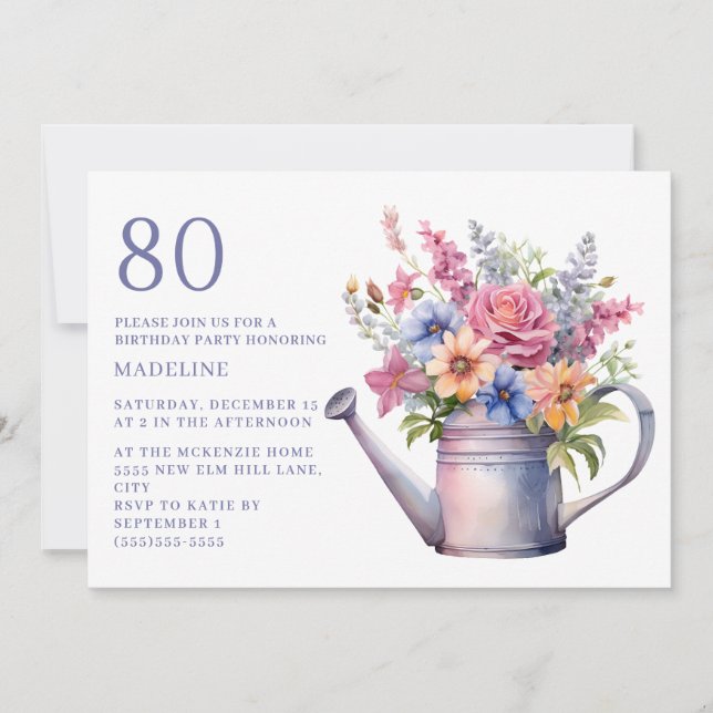 Invitación Regadera de Floral Púrpura Melocotón Cumpleaños 80 (Anverso)