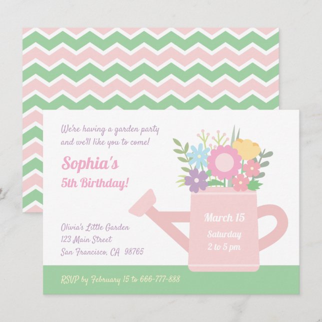 Invitación Regadera De Flores Elegantes Jardín Fiesta De Cump (Anverso / Reverso)