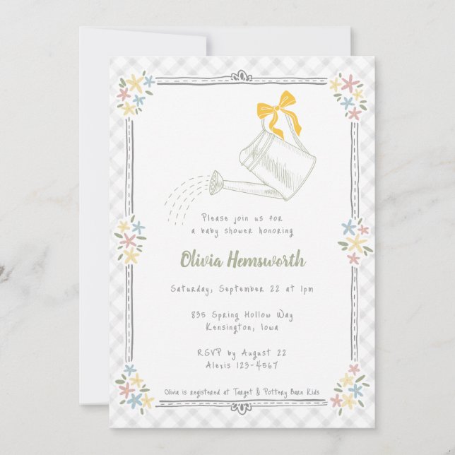 Invitación Regadera de gingham gris niebla 020 Fiesta de bebé (Anverso)