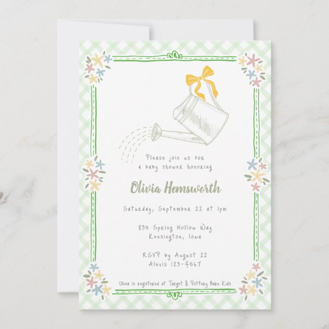 Invitación Regadera de gingham verde hierba 018 Baby Shower (Anverso)