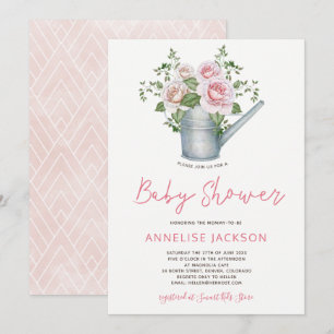 Invitación Regadera rosas rosadas bebé niña ducha