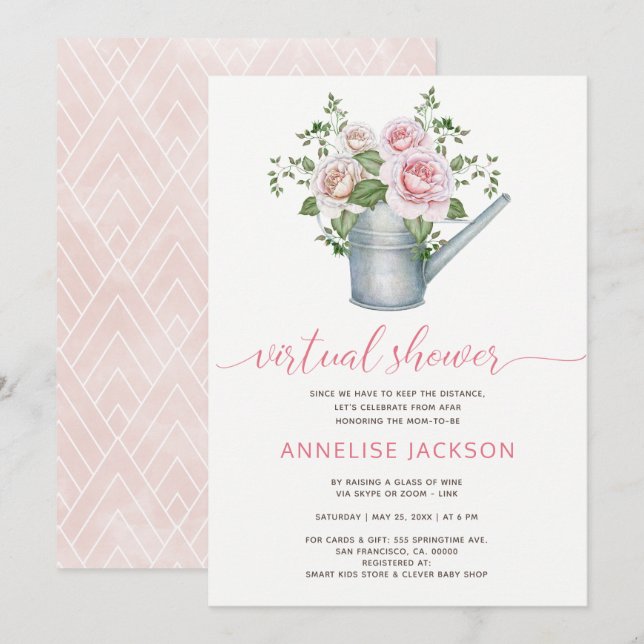 Invitación Regadera salvia rosas sonrojo baby shower virtual (Anverso / Reverso)
