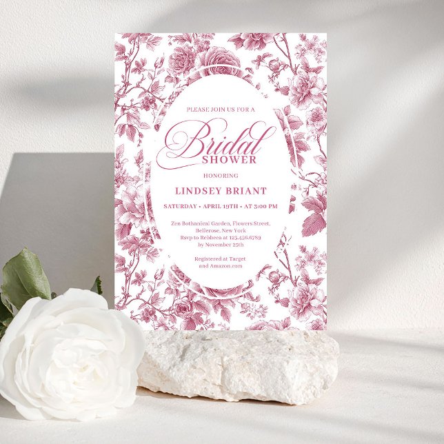 Invitación Regaderas de boda con patrón de rosas Toile Royal  (Royal Blush Toile Roses Pattern Bridal Shower Invitation

)