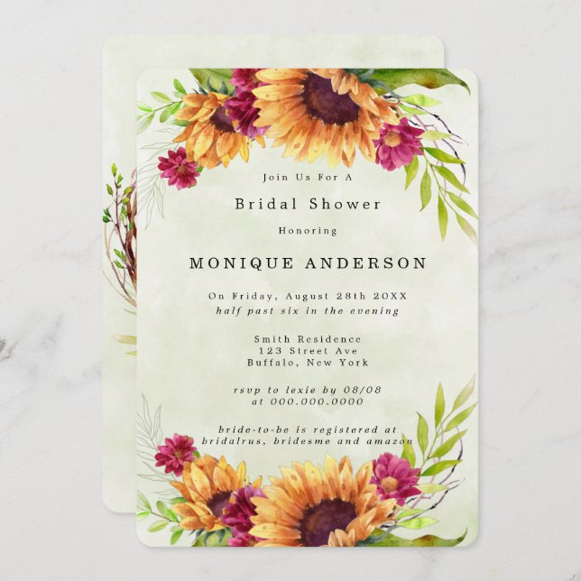 Invitación Regaderas de novia florales rosadas de girasoles d (Anverso / Reverso)
