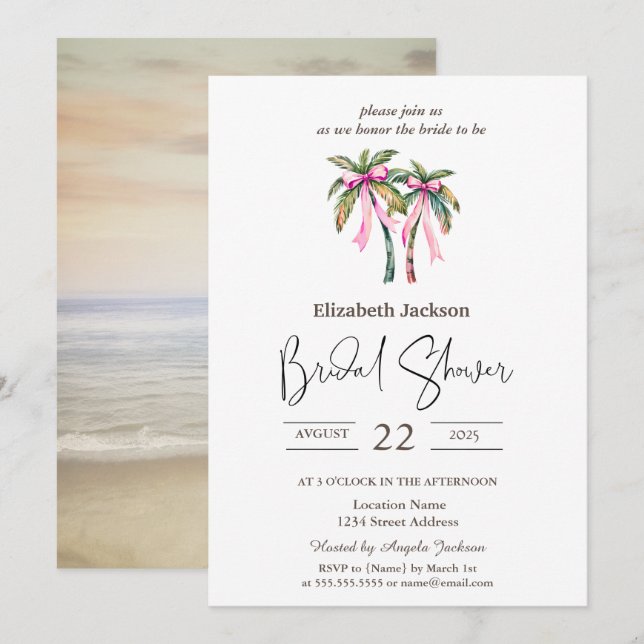 Invitación Regaderaspalmeras acuarela lazo rosa Desayuno de n (Anverso / Reverso)