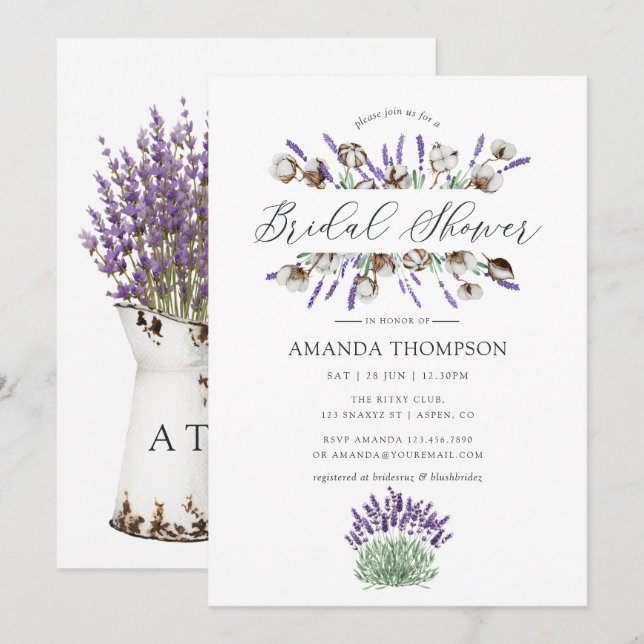 Invitación Regaderías de algodón de lavanda para ducha nupcia (Anverso / Reverso)