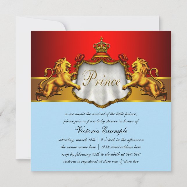 Invitación Regal Baby Blue y Red Prince Baby Shower (Anverso)