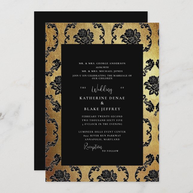 Invitación Regal Black & Gold Elegant ambos padres Boda (Anverso / Reverso)