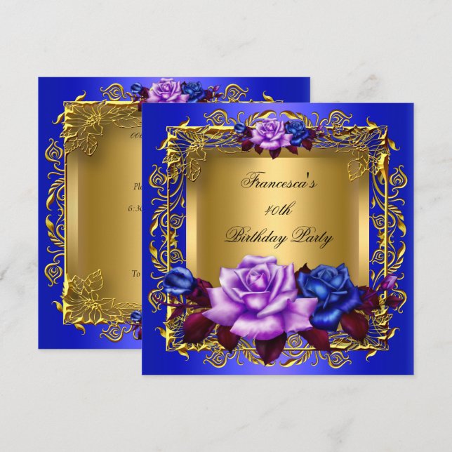 Invitación Regal Blue Lilac Rosas Gold Elegant Cumpleaños A (Anverso / Reverso)