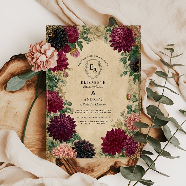 Invitación Regal Borgoña Dahlias con marco ornado de oro (Subido por el creador)