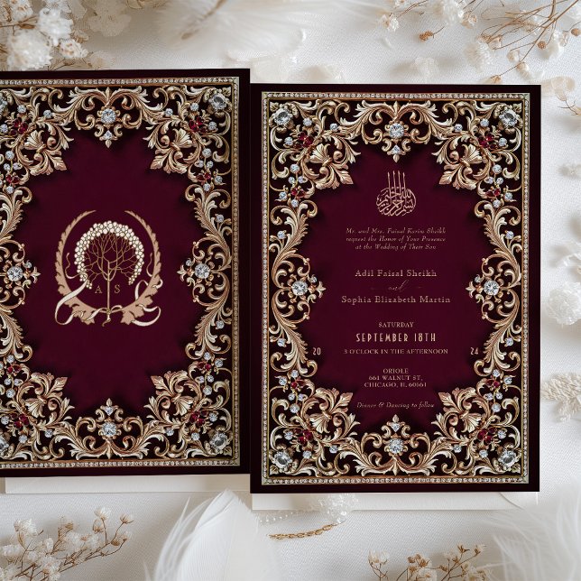 Invitación Regal Burgundy Antique Gold Jewels Boda islámico (Subido por el creador)