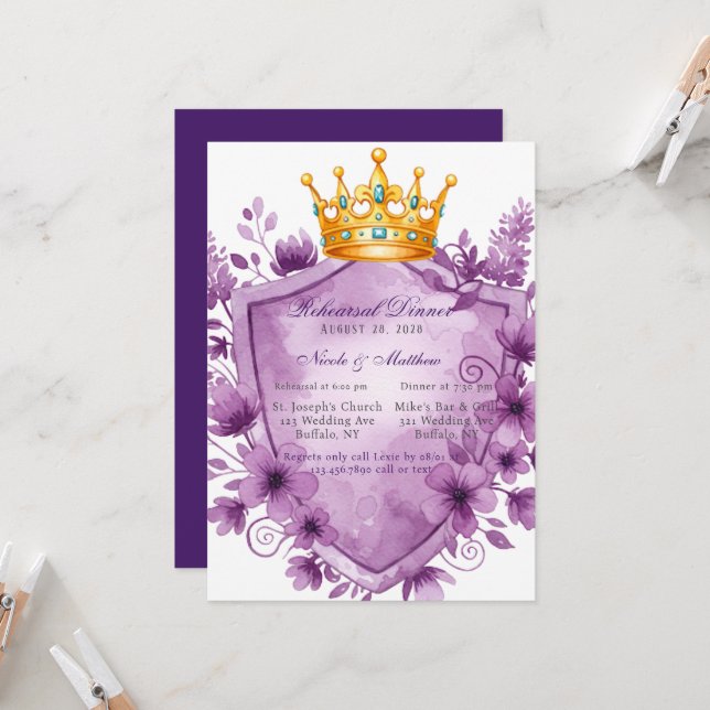 Invitación Regal Elegance Purple Watercolor Reensayar Cena (Anverso/Reverso In Situ)
