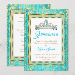 Invitación Regal Princess Azul Turquesa Quinceañera Dorado Bl