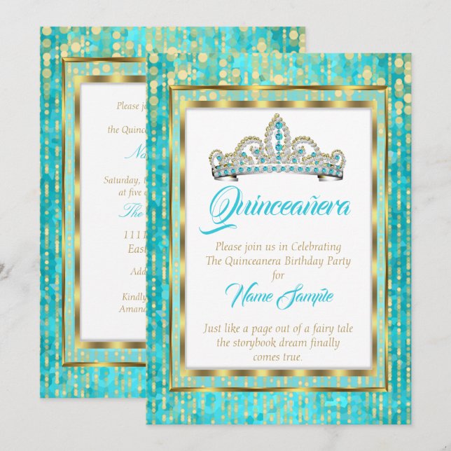 Invitación Regal Princess Blue Verde azulada Quinceanera Gold (Anverso / Reverso)