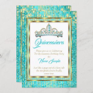 Invitación Regal Princess Blue Verde azulada Quinceanera Gold