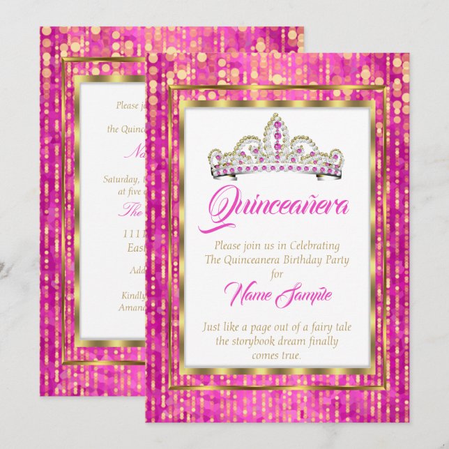 Invitación Regal Princess Pink Quinceanera Gold White (Anverso / Reverso)
