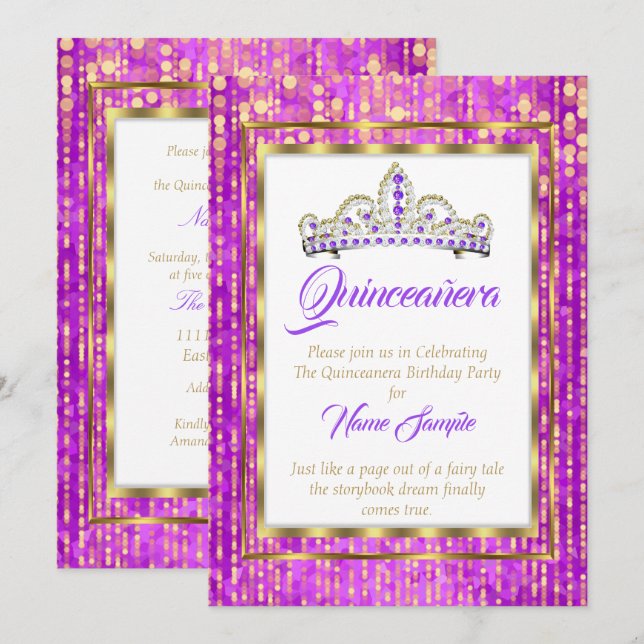 Invitación Regal Princess Purple Quinceanera Gold White (Anverso / Reverso)