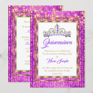 Invitación Regal Princess Púrpura Quinceañera Dorado Blanco