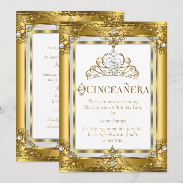 Invitación Regal Princess Quinceanera 15ª Perla Blanca de Oro (Anverso / Reverso)