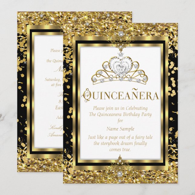 Invitación Regal Princess Quinceanera 15º Oro Blanco Negro (Anverso / Reverso)
