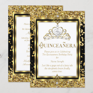 Invitación Regal Princess Quinceañera 15 Gold Negro Blanco