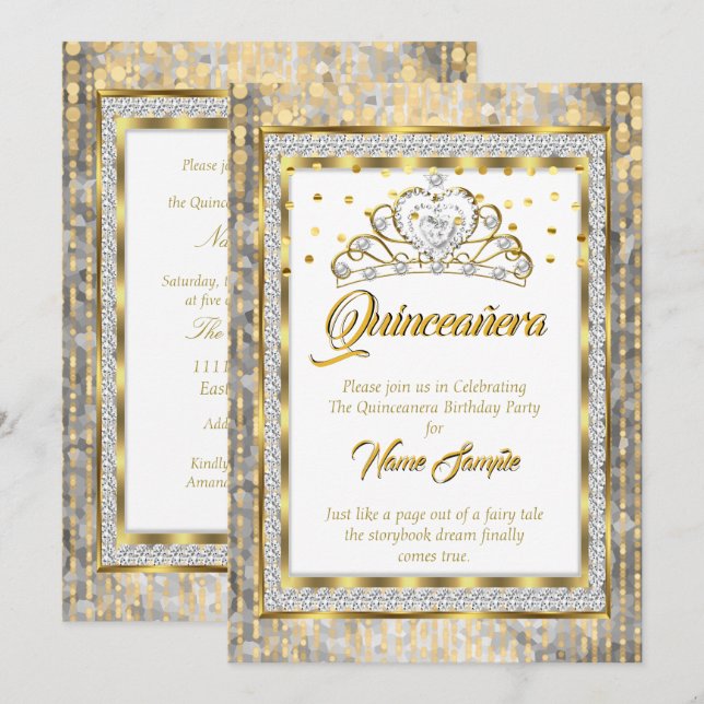 Invitación Regal Princess Quinceanera Oro Plata Blanca (Anverso / Reverso)