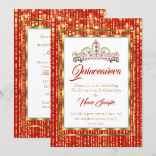 Invitación Regal Princess Rojo Quinceañera Dorado Blanco