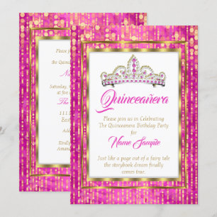 Invitación Regal Princess Rosa Quinceañera Dorado Blanco