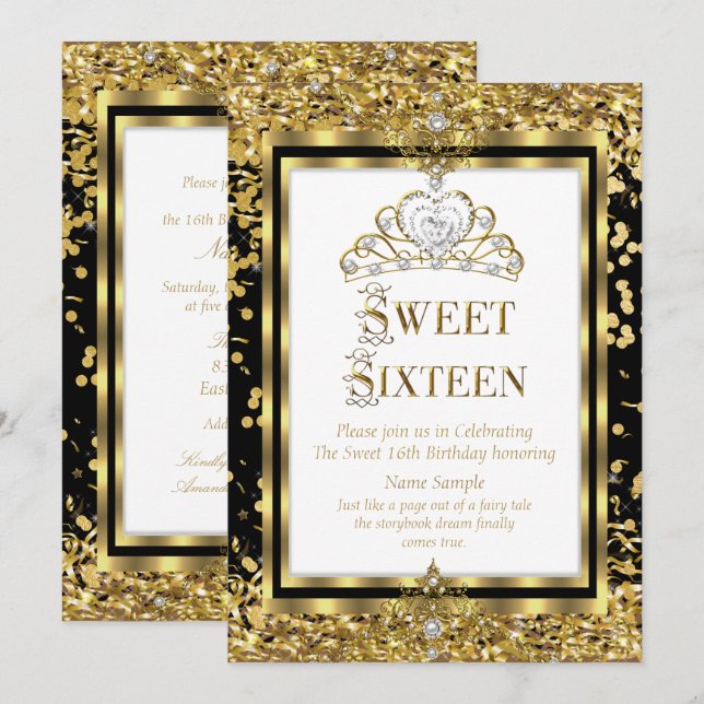 Invitación Regal Princess Sweet 16 Fiesta blanco dorado (Anverso / Reverso)
