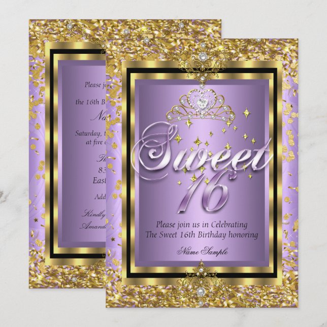Invitación Regal Princess Sweet 16 Gold Lavender Fiesta púrpu (Anverso / Reverso)