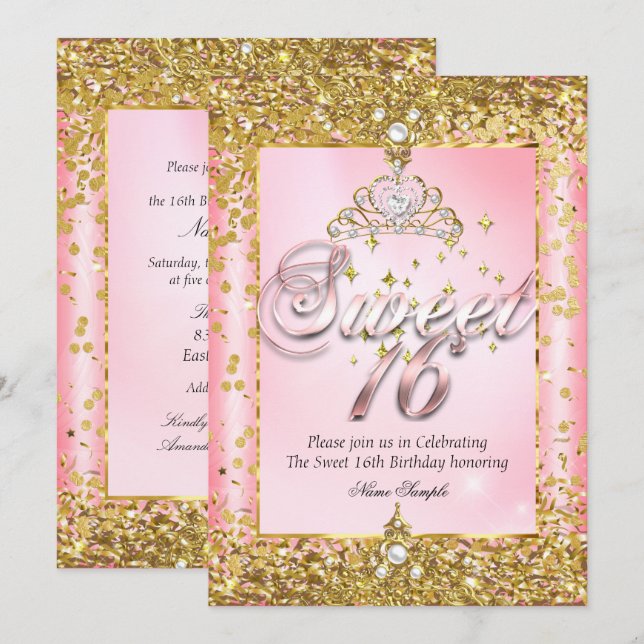 Invitación Regal Princess Sweet 16 Gold Rubor Fiesta rosa (Anverso / Reverso)