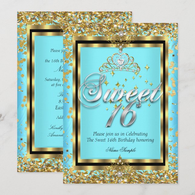 Invitación Regal Princess Sweet 16 Gold Verde azulada Blue Fi (Anverso / Reverso)