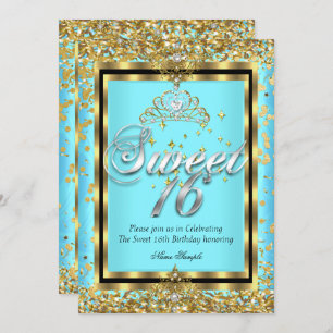 Invitación Regal Princess Sweet 16 Gold Verde azulada Blue Fi