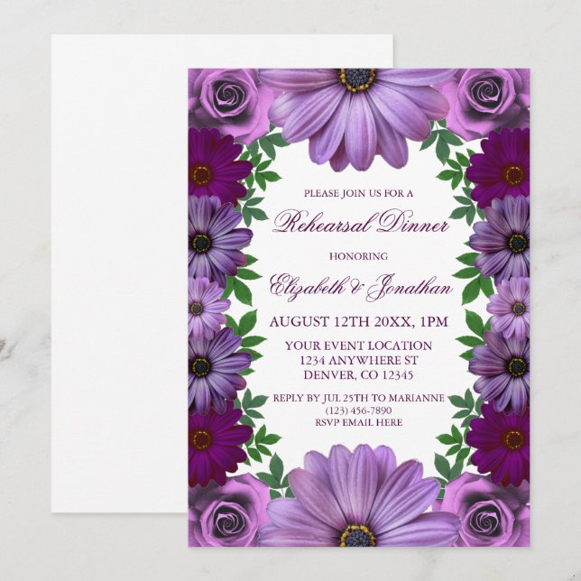 Invitación Regal Purple Floral Ensayo Cena (Anverso / Reverso)