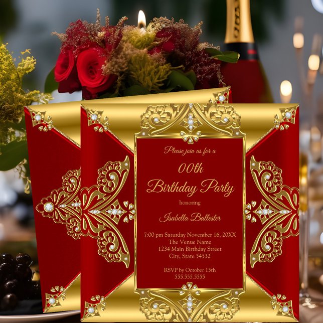 Invitación Regal Red Add Age Birthday Party Gold Diamond Gem (Subido por el creador)