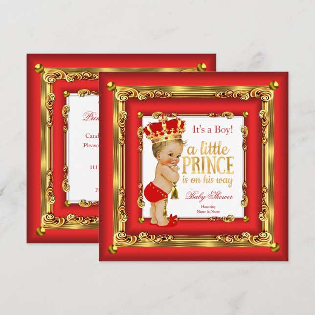 Invitación Regal Red Gold Prince Baby Shower Blonde Boy (Anverso / Reverso)