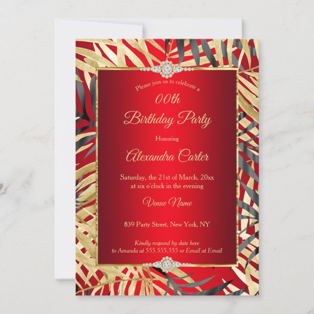 Invitación Regal Red Gray Gold Palms Diamond Birthday Party (Anverso)