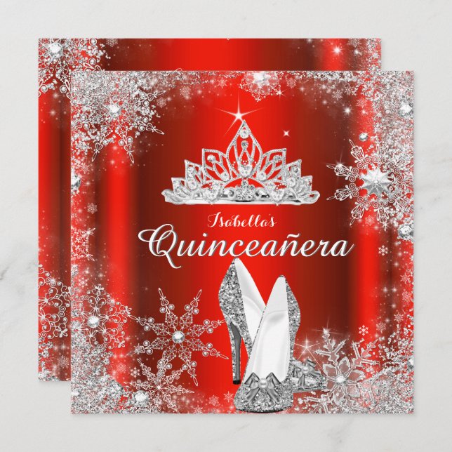 Invitación Regal Red Quinceanera Silver Tiara 15º cumpleaños (Anverso / Reverso)