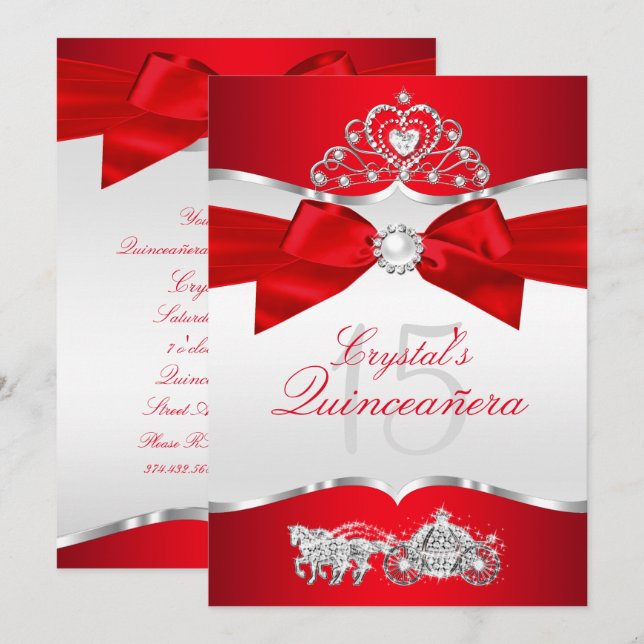 Invitación Regal Red Silver Tiara Pearl Bow Quinceanera (Anverso / Reverso)