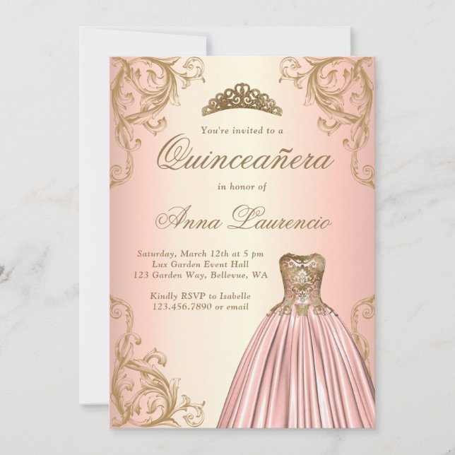 Invitación Regal Rosa Oro Damasco Decorativo Quinceanera (Anverso)