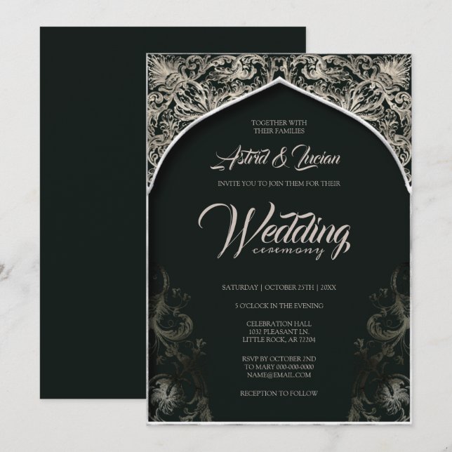 Invitación Regal Silver Flourish Hunter Green Boda (Anverso / Reverso)