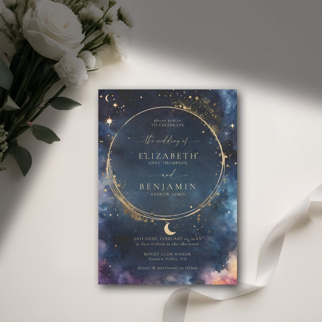 Invitación Regalo celeste Boda de oro elegante azul medianoch (celestial wedding invitation elegant frame watercolor moon stars sky modern classic navy blue)
