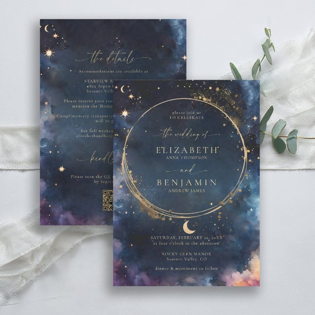Invitación Regalo celeste de medianoche azul todo en un Boda (celestial wedding invitation all in one rsvp qr details watercolor starry night sky galaxy universe )