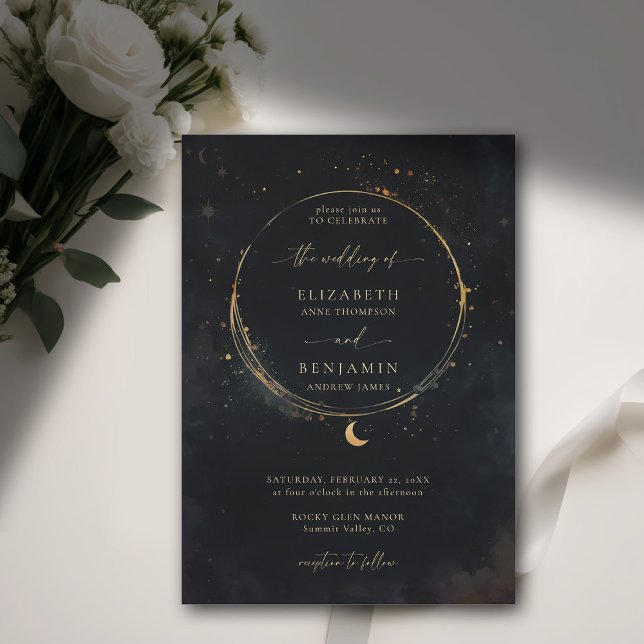 Invitación Regalo celeste Moody Boda de oro elegante oscuro (celestial wedding invitation elegant frame watercolor moon stars sky modern classic moody dark)