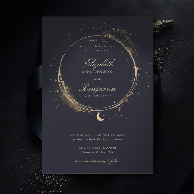 Invitación Regalo celeste Moody Navy elegante Boda de oro (celestial wedding invitation elegant frame watercolor moon stars sky modern classic moody navy)
