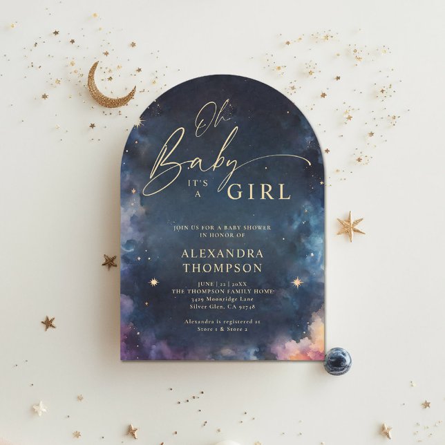 Invitación Regalo Celestial Baby Shower Midnight Blue Star Ar (celestial baby shower invitation arch twinkle star moon cosmos galaxy dark navy blue gold planet)