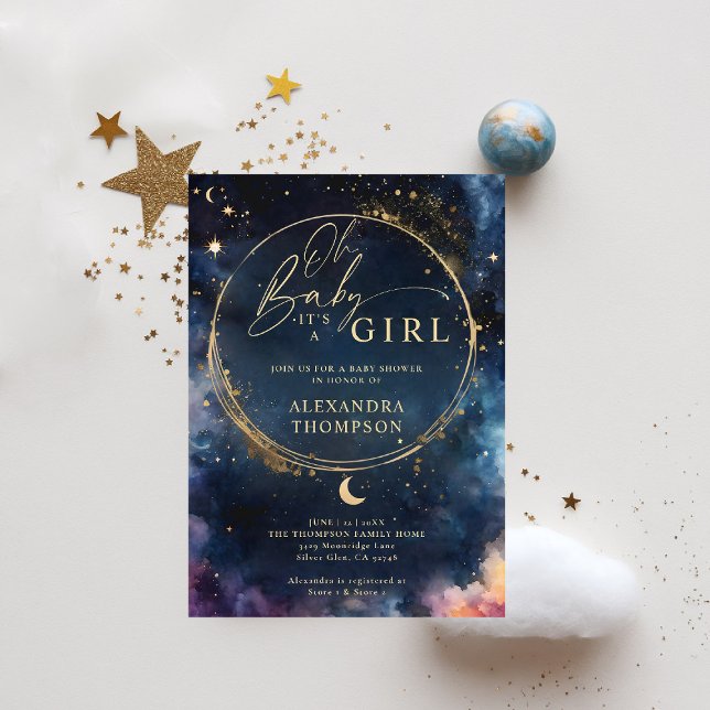 Invitación Regalo Celestial Medianoche Azul Elegante Baby Sho (celestial baby shower invitation twinkle star moon cosmos galaxy dark navy blue gold)