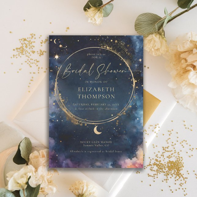 Invitación Regalo Celestial Medianoche Blue Elegant Bridal Sh (celestial bridal shower invitation midnight navy blue starry night galaxy astrology universe)